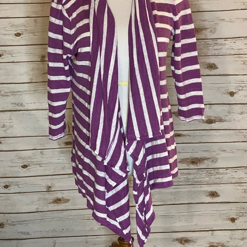 J. Jill purple/white striped linen coastal grandma waterfall cardigan sweater - Picture 2 of 5